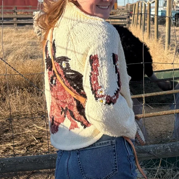 Pilcro Cream and Brown Horse Pattern Cropped Sweater size XXSP Anthropologie - Picture 6 of 8